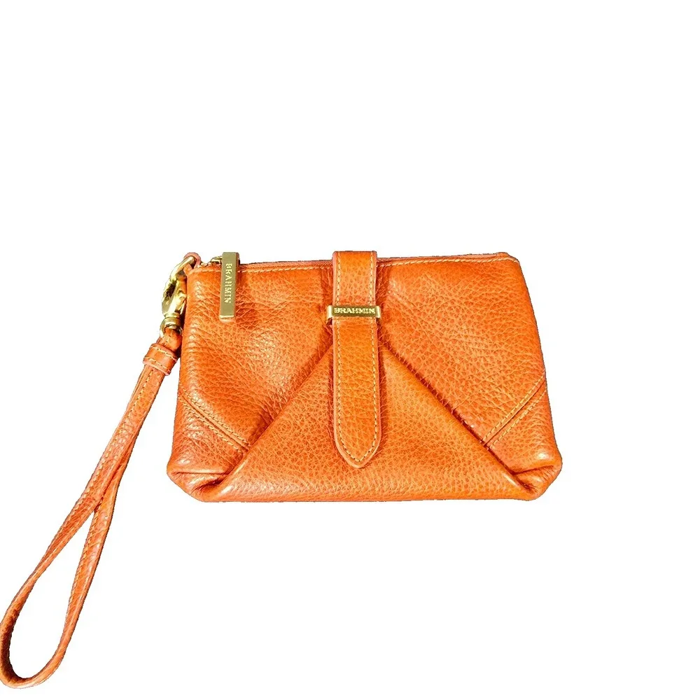 Brahmin Orange Leather Zippered Wristlet Purse Wallet